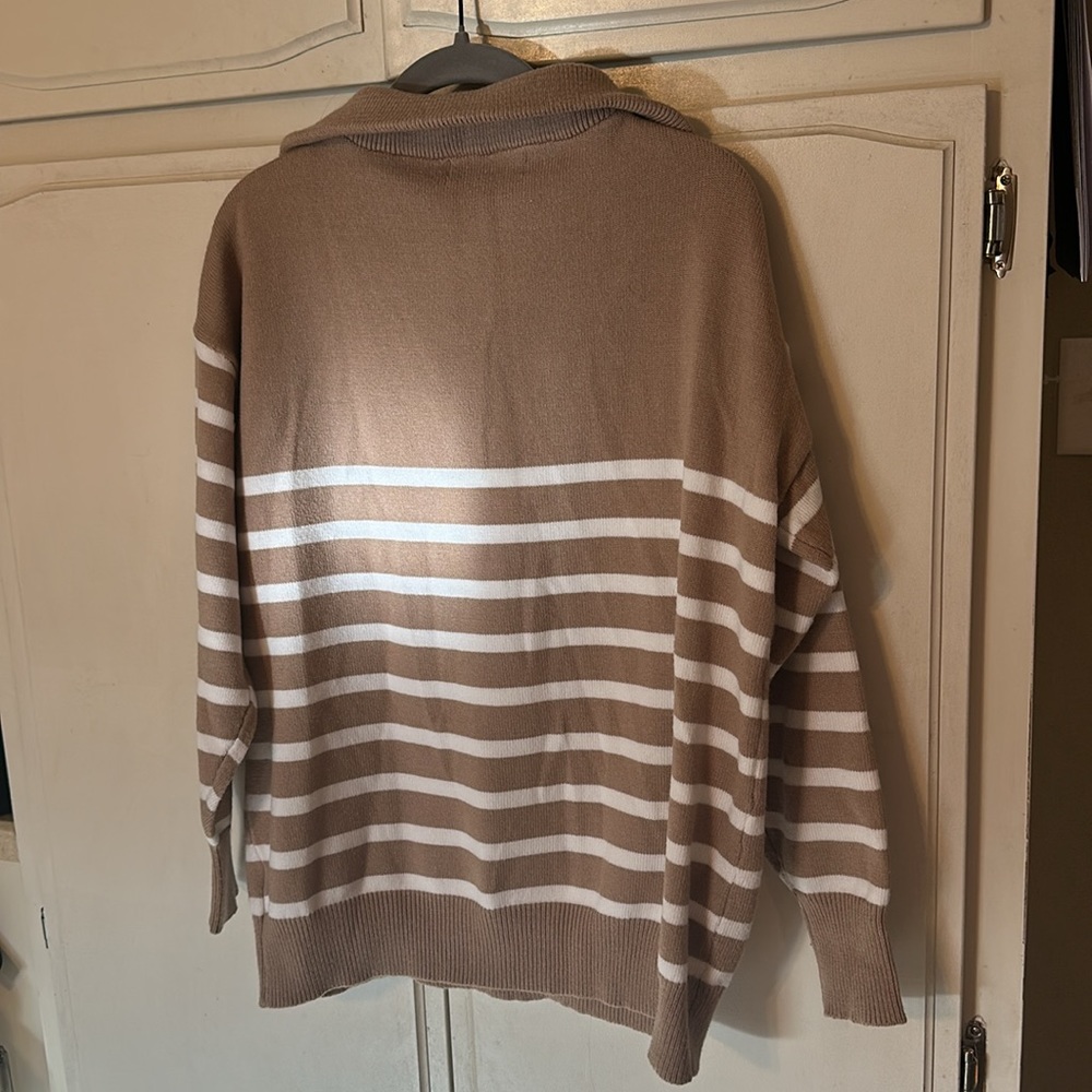 Striped Sweaters Half-Zip Long Sleeve Oversized Pullover - Picture 12 of 12